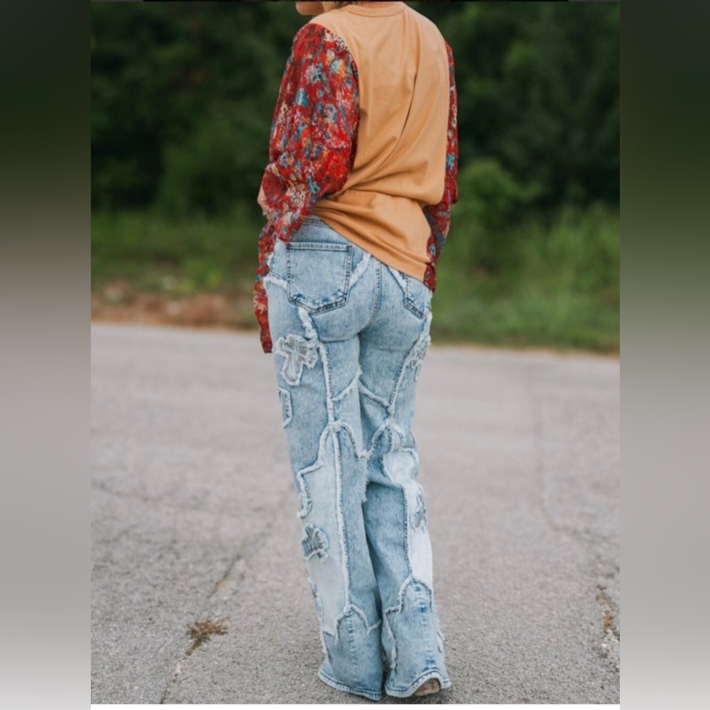 Aphrodite Light Blue Patchwork Flare Jeans - Picture 12 of 13